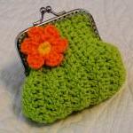 Lime Green Crochet Coin Purse With A Flower And..