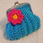 Turquoise Crochet Coin Purse With Flower And Snap..