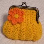 Deep Yellow Crochet Coin Purse With A Flower And..