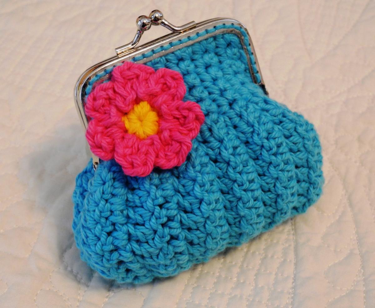 Turquoise Crochet Coin Purse With Flower And Snap Frame