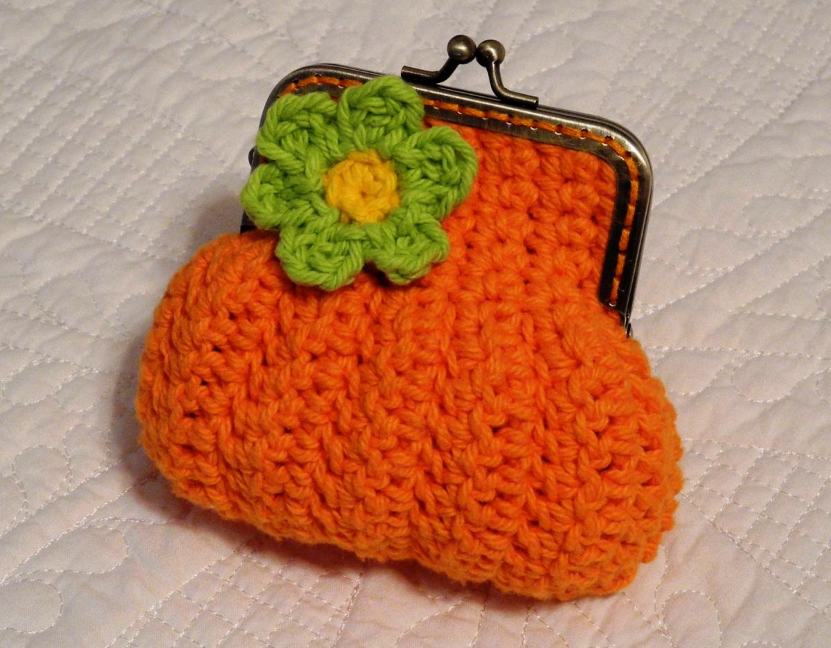 Orange Sunburst Crochet Coin Purse With Flower And Snap Frame