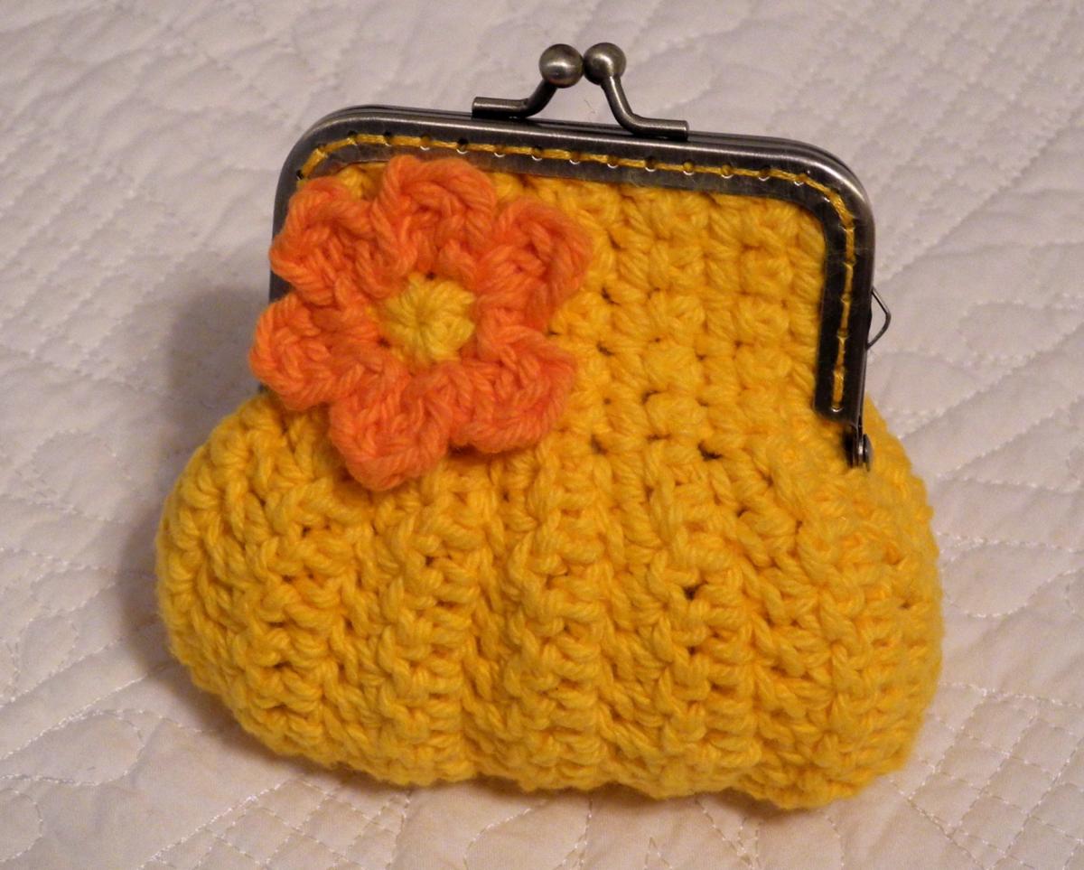 Deep Yellow Crochet Coin Purse With A Flower And Snap Frame