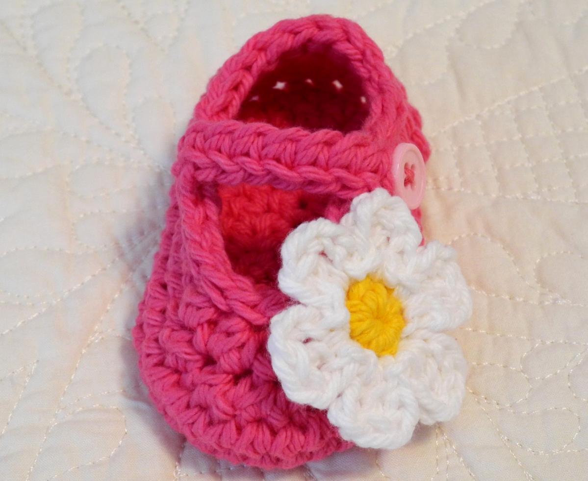 Pink Mary Jane Baby Shoes - Booties, Crochet, Flower