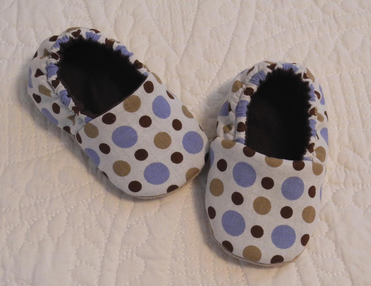 Brown And Blue Dots Fabric Slippers With Suede Soles