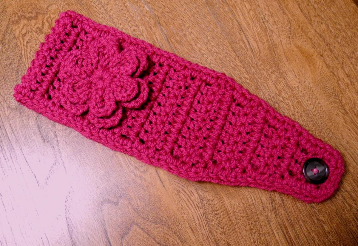 Pink Crochet Headband - Earwarmer - Headwrap With Flower - Choose A Color