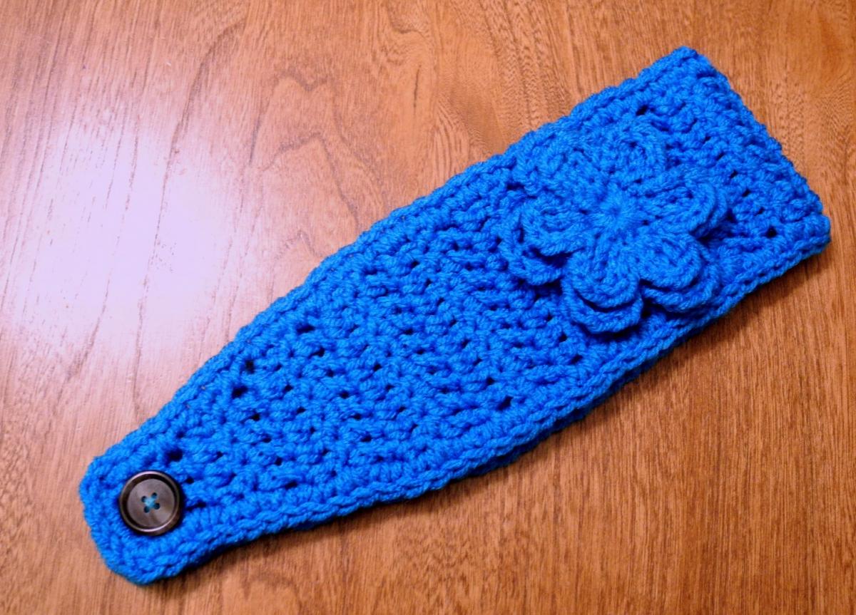 Blue Crochet Headband - Earwarmer - Headwrap With Flower - Choose A Color