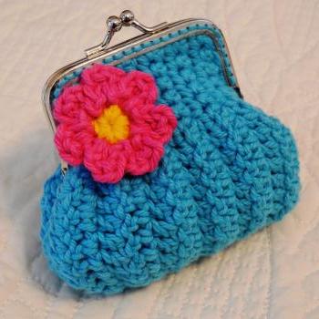 Turquoise Crochet Coin Purse With Flower And Snap Frame on Luulla